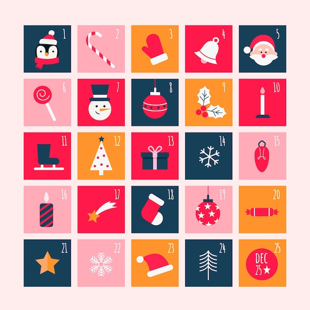 Kleurrijke adventskalender in plat ontwerp Gratis Vector