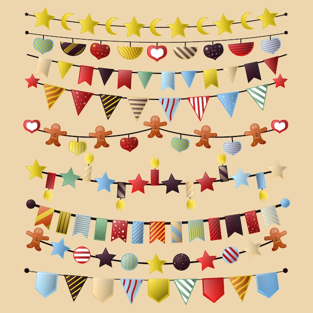 Kleurrijke bunting en guirlande set geïsoleerd op wit Premium Vector