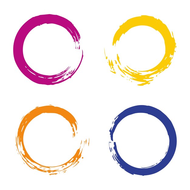 Kleurrijke die vector met de borstelslagen van de regenboogcirkel voor kaders, pictogrammen, de elementen van het bannerontwerp wordt geplaatst. Premium Vector