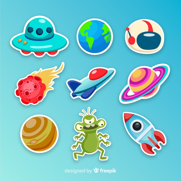 Kleurrijke geïllustreerde ruimtestickersinzameling Gratis Vector