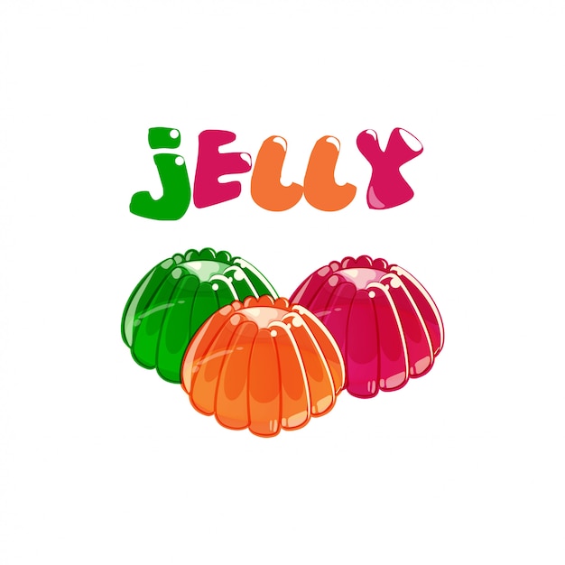 Kleurrijke gelei met geleitekst die op witte achtergrond wordt geïsoleerd. Premium Vector