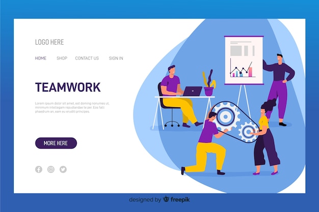 Kleurrijke karakters die teamwerk bestemmingspagina samenwerken Gratis Vector