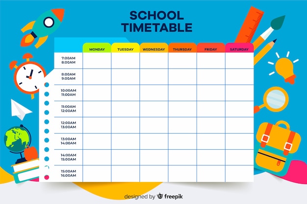 Kleurrijke school tijdschema sjabloon plat ontwerp Gratis Vector