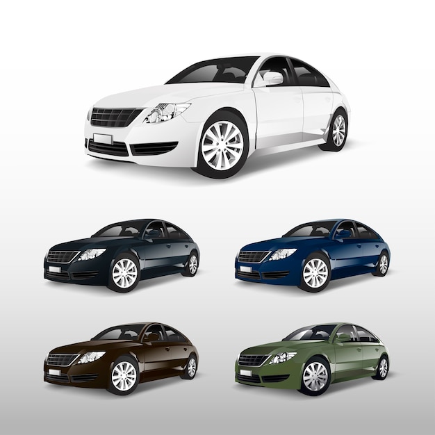 Kleurrijke sedanauto's die op witte vector worden geïsoleerd Gratis Vector