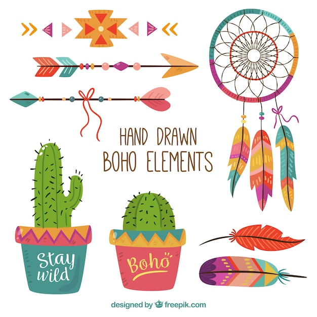 Kleurrijke verpakking van de hand getekende boho elementen Gratis Vector