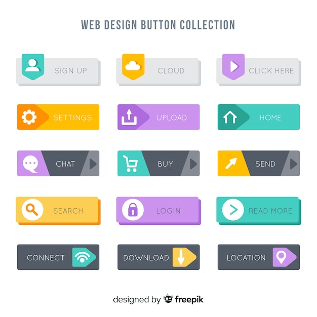 Kleurrijke web design knop collectie met platte ontwerp Gratis Vector