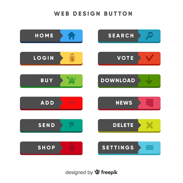 Kleurrijke web design knop collectie met platte ontwerp Gratis Vector