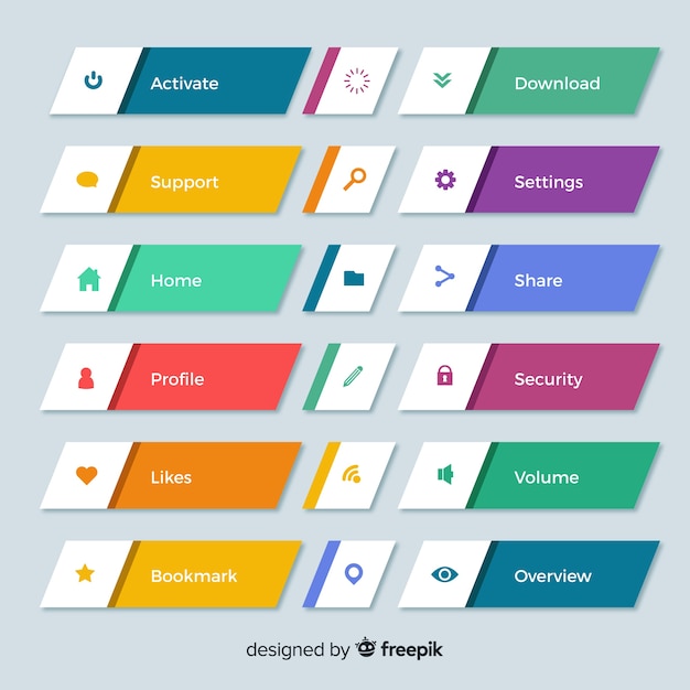 Kleurrijke web design knop collectie met platte ontwerp Gratis Vector