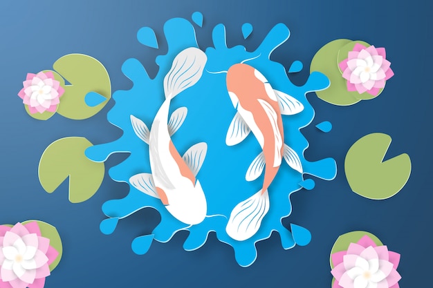 Koivissen en lotusbloembloem op de waterplons op meer in document kunststijl Premium Vector