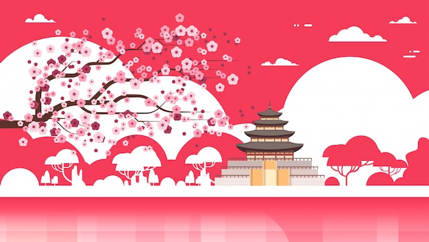 Korea tempel silhouet paleis over sakura bomen zuid-koreaanse beroemde bezienswaardigheid view Premium Vector
