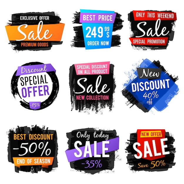 Korting en prijskaartje, verkoop banners met grange geborsteld frames en verontruste texturen vector set Premium Vector