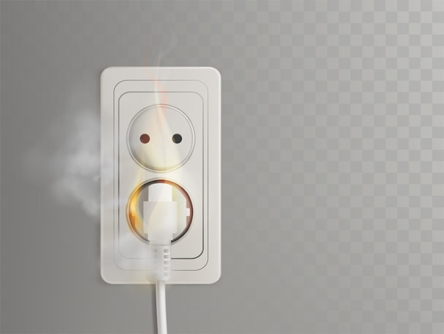 Kortsluiting in stopcontact 3d-realistisch met vlammende stekker in socket afbeelding Gratis Vector