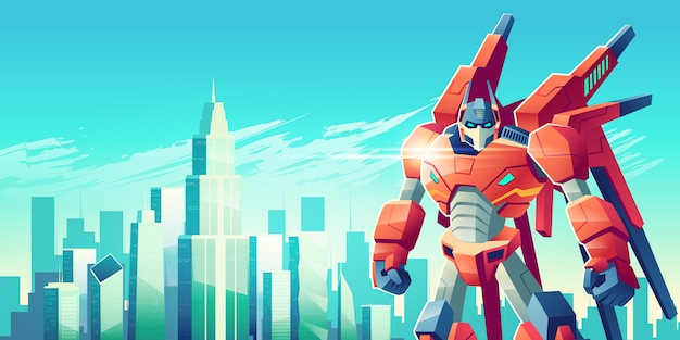 Krachtige transformator robot krijger staande met gebalde vuisten Gratis Vector