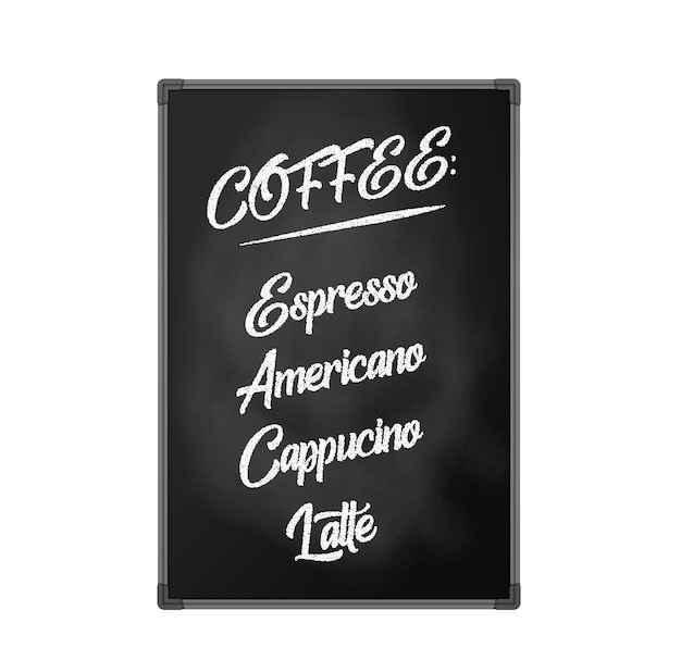 Krijtbord, reclamebord voor cafés, restaurants coffeeshops. belettering voor koffiemenu, espresso, americano, cappuccino, latte. geïsoleerd object, vectorillustratie op achtergrond. | Premium Vector