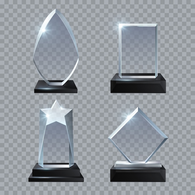 Kristalglas lege trofee awards geïsoleerde vector templates-collectie. trofeeënglasprijs, prestatieillustratie van het basispaneel Premium Vector