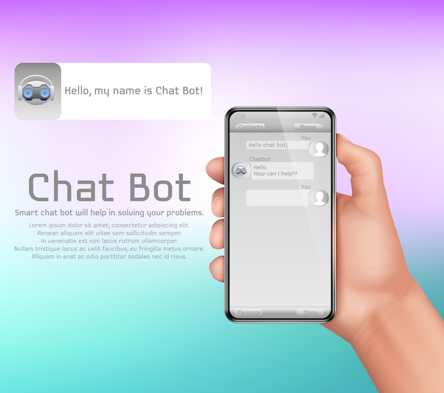 Kunstmatige intelligentie, online chatbot concept achtergrond. menselijke hand met smartphone Gratis Vector