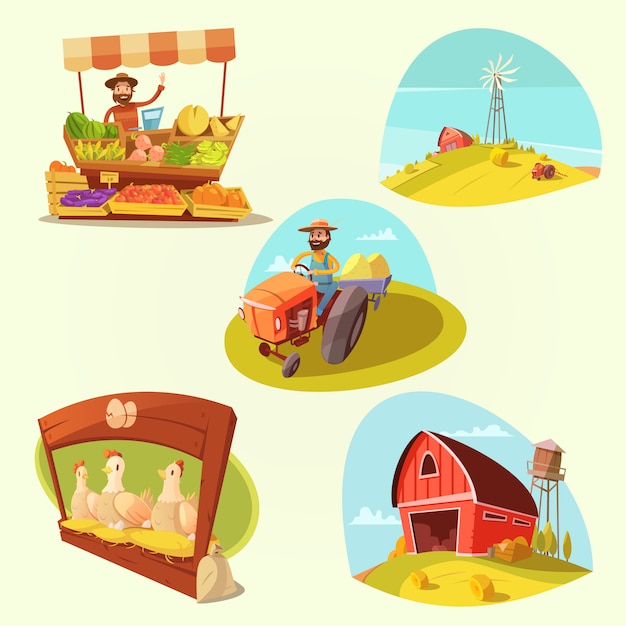 Landbouwbedrijfbeeldverhaal met landbouwer en producten op gele achtergrond geïsoleerde vectorillustratie wordt geplaatst die Gratis Vector