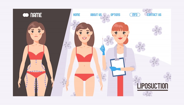 Landingspagina of websjabloon voor plastische chirurgie concept. gezichts- en lichaamscorrectie. chirurg arts consult. borstvergroting, liposuctie, gezichts- en lichaamscosmetologie. schoonheid gezondheid procedure Premium Vector