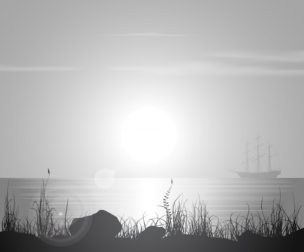 Landschap met zonsondergang over zee Premium Vector