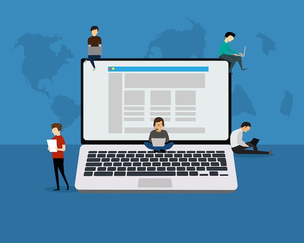 Laptop mensen concept illustratie van jongeren met behulp van laptop, tablet voor sociaal netwerken en bloggen Premium Vector