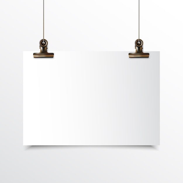 Leeg horizontaal document die realistische spot omhoog met gouden bindmiddelklem hangen Premium Vector