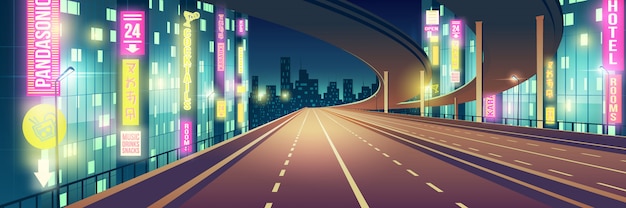 Lege de metropool van de nacht, weg met vier rijstroken, snelwegweg die met restaurants, hotel, weg en karaokebar van de de kleurenuithangborden van neonlicht de cartoon vectorachtergrond wordt de verlicht. moderne stads nachtleven achtergrond Gratis Vector