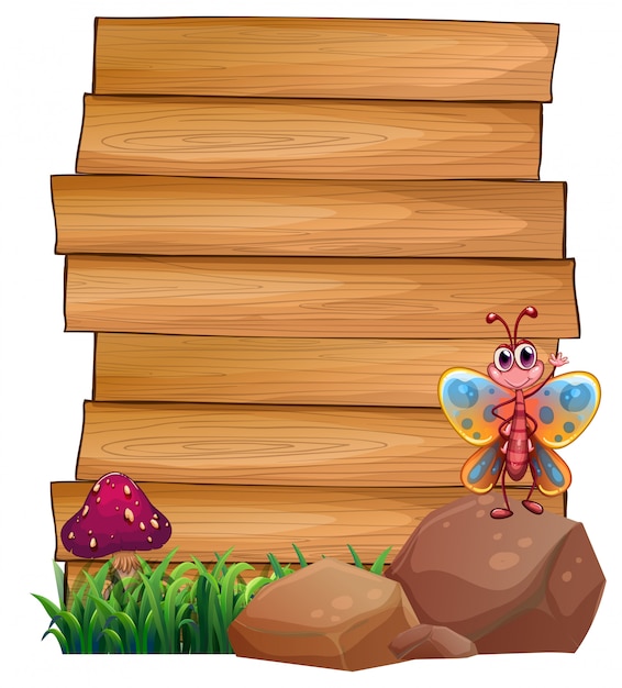 Lege uithangborden met een vlinder boven een rots Gratis Vector