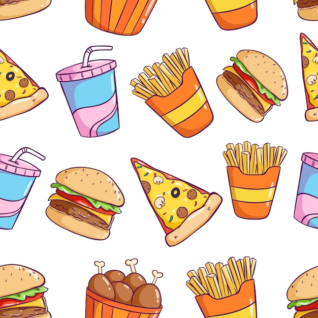 Lekker schattig junkfood in naadloos patroon met kleurrijke doodle stijl Premium Vector