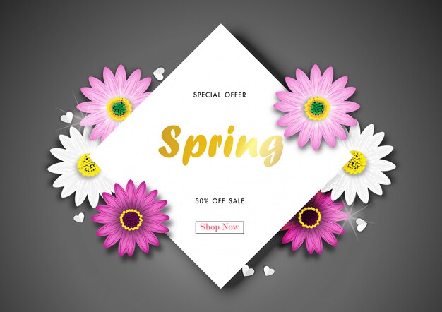 Lente sale off achtergrond met kleurrijke daisy flower blossom ontwerp vector Premium Vector