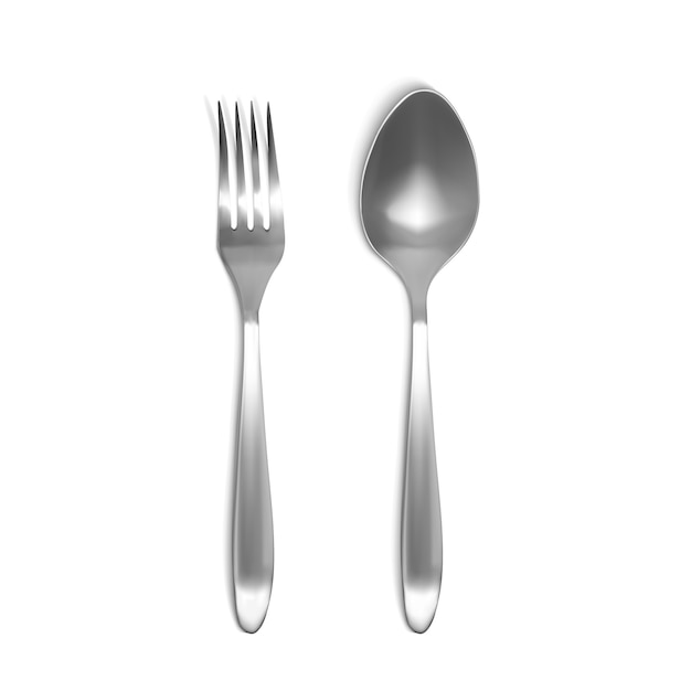 Lepel en vork 3d illustratie. geïsoleerde realistische reeks zilveren of metaalvaatwerk Gratis Vector