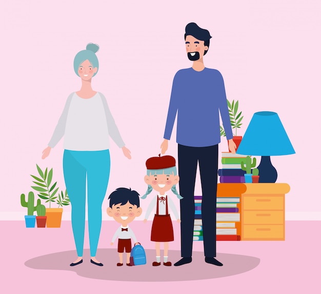 Leraarspaar met kleine studentenjonge geitjes in ruimte Gratis Vector