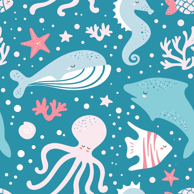 Leuk naadloos patroon met vissen, walvis, octopus Premium Vector