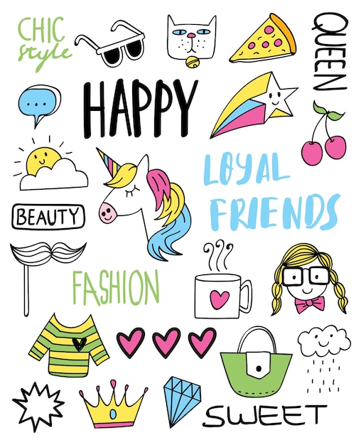 Leuk t-shirtontwerp met slogan en diverse voorwerpen Premium Vector