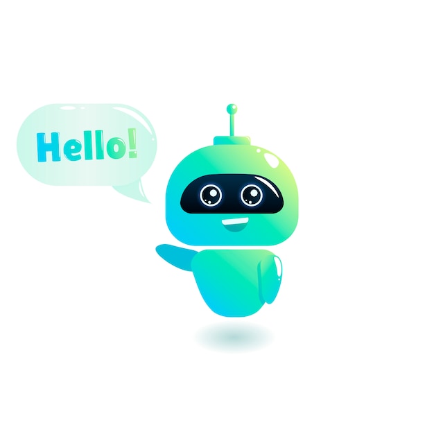 Leuke bot zegt gebruikers hallo. chatbot begroet. online consultatie. Gratis Vector