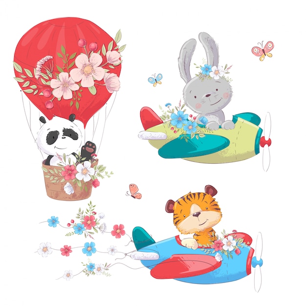 Leuke cartoon dieren vervoer voertuig schip en ballon Premium Vector