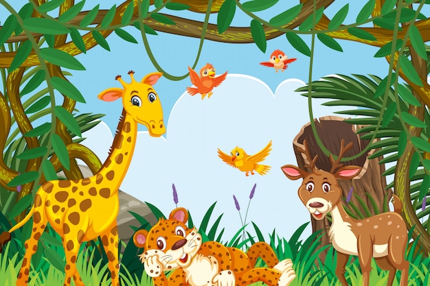 Leuke dieren in jungle scene Premium Vector