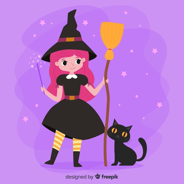 Leuke halloween-heks met bezem en kat | Gratis Vector