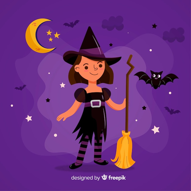 Leuke halloween-heks met bezem | Gratis Vector