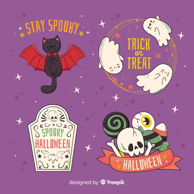 Leuke halloween-karakterkentekens op violette achtergrond Gratis Vector