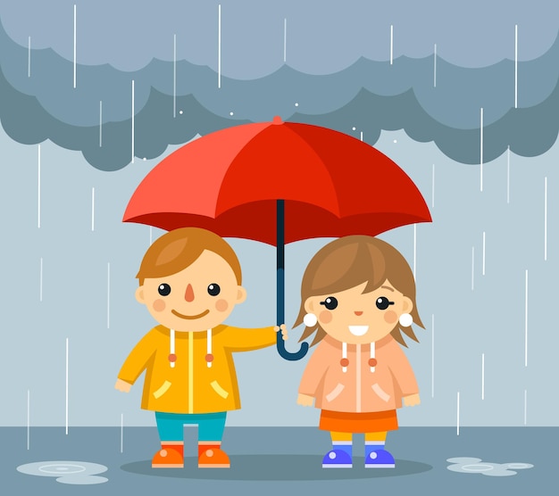 Leuke Jongen En Meisje Met Paraplu Die Zich Onder Regen Bevinden Gratis Vector