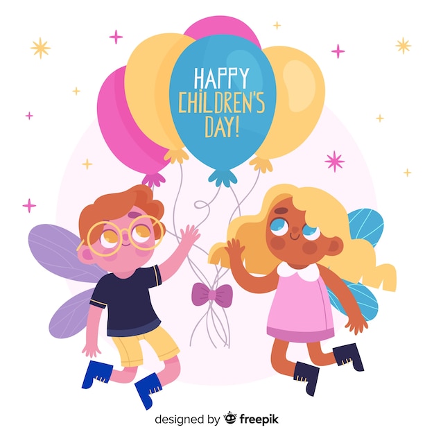 Leuke jongen en meisjeskinderen die met ballons spelen Gratis Vector
