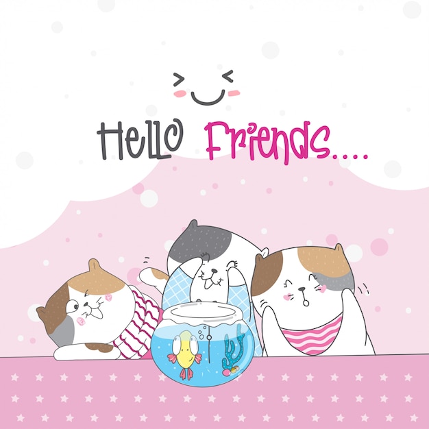 Leuke kat met vrienden en vis Premium Vector