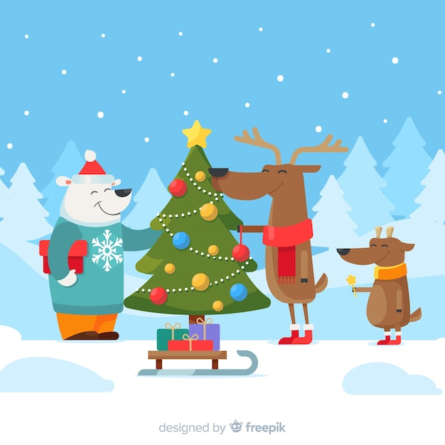 Leuke kerst dieren achtergrond | Gratis Vector