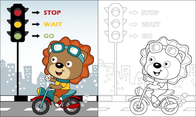 Leuke leeuw cartoon paardrijden motorfiets in de weg Premium Vector