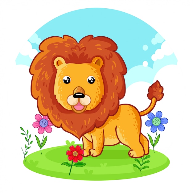 Leuke leeuw die zich op een bloemweide bevindt. Premium Vector