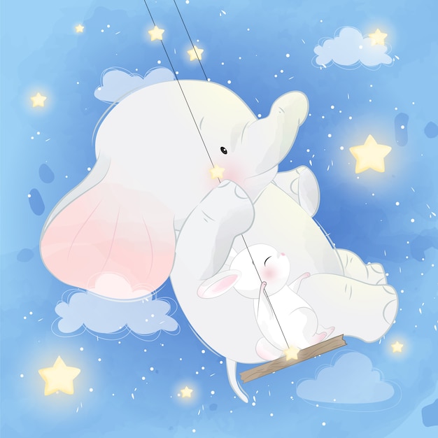 Leuke olifant met konijntjeszitting op de schommeling Premium Vector