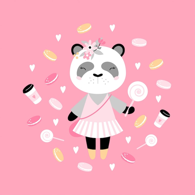 Leuke panda met snoep, koffie, gebak en harten. Premium Vector