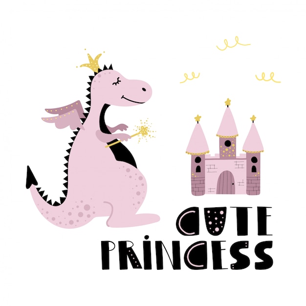 Leuke roze draakprinses en kasteel. Premium Vector