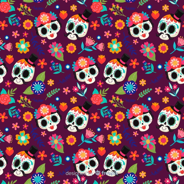 Leuke schedelparen hand getrokken día de muertos patroon Gratis Vector