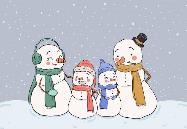 Leuke sneeuwmannenfamilie die in de sneeuw blijven Gratis Vector
